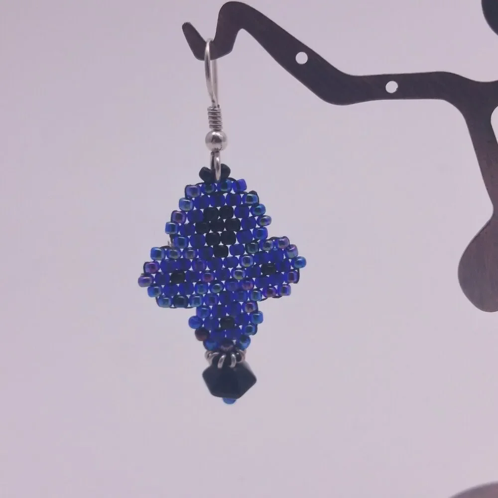 Blue, Purple Iris & Black Beadwork Earrings